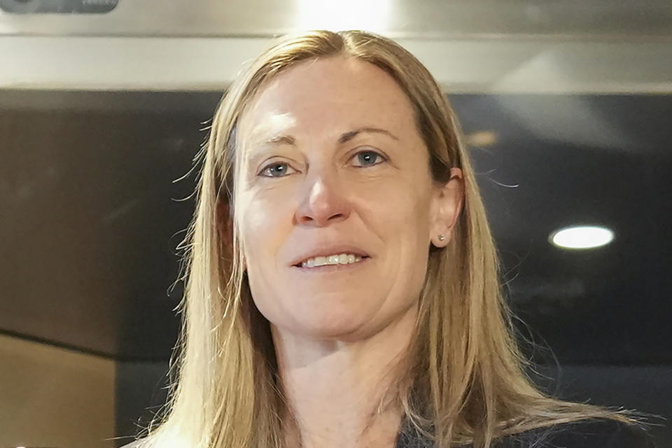 FILE - PWHPA chairperson Jayna Hefford poses at the opening of a new exhibit dedicated to the trailblazers of the women's game at the Hockey Hall of Fame in Toronto, Tuesday, April 4, 2023. The newly founded Professional Women's Hockey League unveiled its Original Six franchises on Tuesday, Aug. 29, with franchises based in NHL markets — three in the United States and three in Canada — with track records of supporting the women’s game.“Today, we look ahead to a phenomenal future for the PWHL,” said Hefford, the former player’s association leader, who has switched to the management side in being named the league’s senior vice president of hockey operations. (Nathan Denette/The Canadian Press via AP, File)