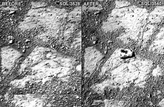 A comparison of two raw Pancam photographs from sols 3528 and 3540 of Opportunity's mission (a sol is a Martian day). Notice the "jelly doughnut"-sized rock in the center of the photograph to the right. Minor adjustments for brightness and cont