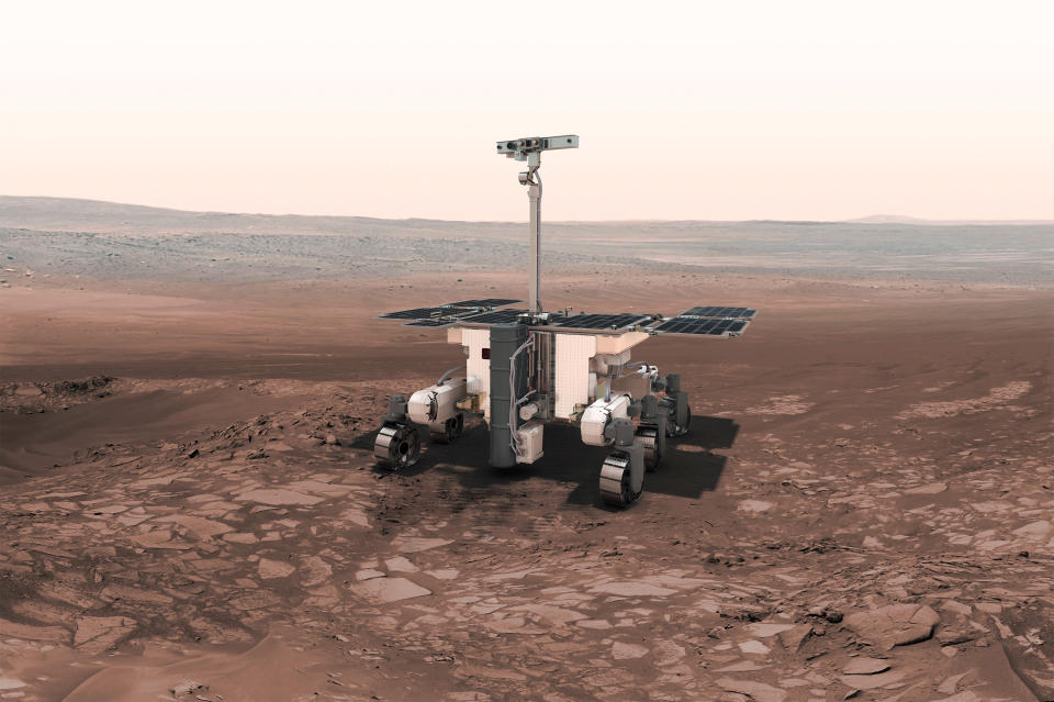 FILE - This illustration made available by the European Space Agency shows the European-Russian ExoMars rover. The war in Ukraine is causing a swift and broad decaying of scientific ties between Russia and the West. Europe's space agency is wrestling with how its planned Mars rover might survive freezing nights on the Red Planet without its Russian heating unit. (European Space Agency via AP, File)