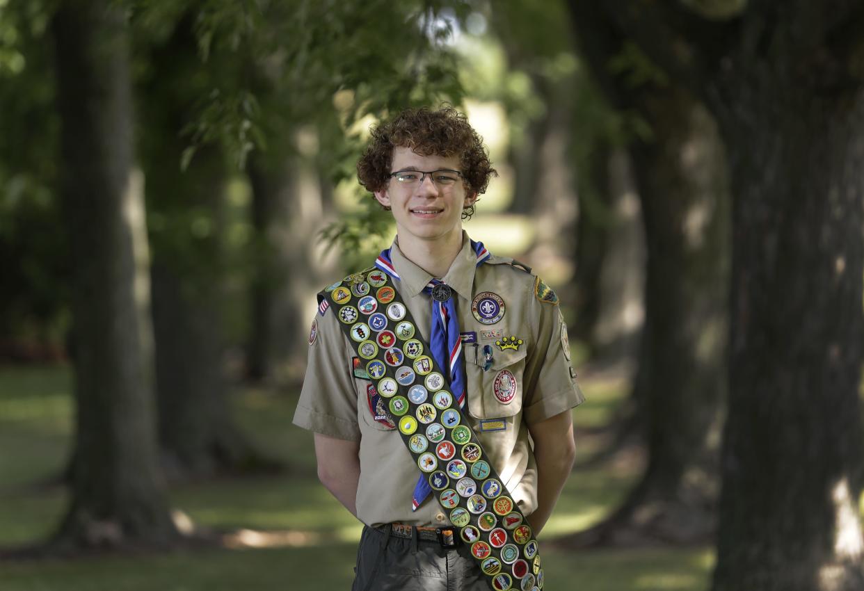 Eagle Scout Riley Mooney earned 139 merit badges and is with Boy Scouts of America Troop 77. He is pictured here at Jennerjohn Park Friday, July 28, 2023, in Greenville, Wis. 
Dan Powers/USA TODAY NETWORK-Wisconsin.