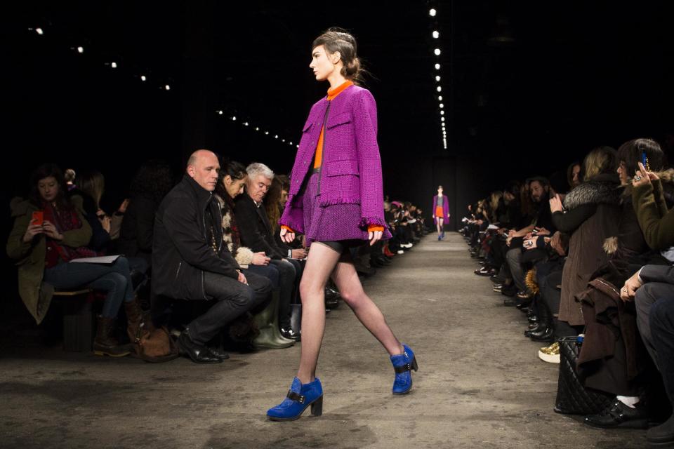 A model walks the runway at the presentation of the Rag & Bone Fall 2013 fashion collection during Fashion Week, Friday, Feb. 8, 2013, in New York. (AP Photo/John Minchillo)