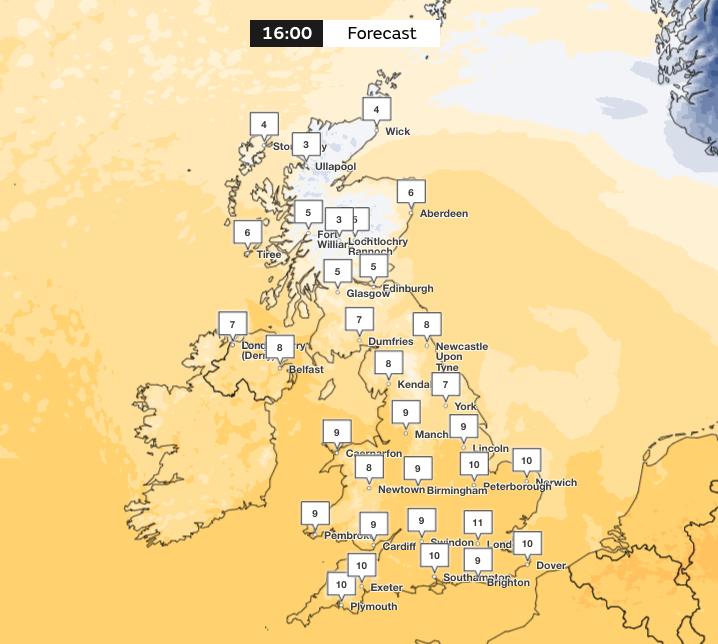 Forecast temperatures at 4pm on Saturday. (Met Office)