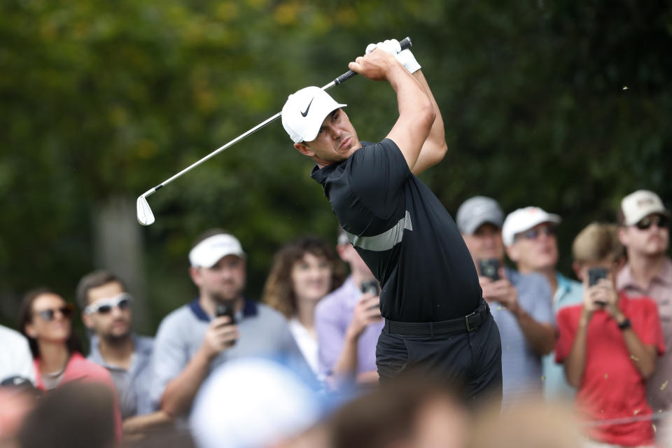 FILE - In this Aug. 25, 2019, file photo, Brooks Koepka hits from the second tee during the final round of the Tour Championship golf tournament at East Lake Golf Club in Atlanta. Koepka spent the majority of his short offseason recovering from stem cell treatment on his left knee. Koepka returns to competition at the Shriners Hospitals for Children Open, with the No. 1 player in the world giving Las Vegas its strongest field in more than 15 years. (AP Photo/John Bazemore, File)