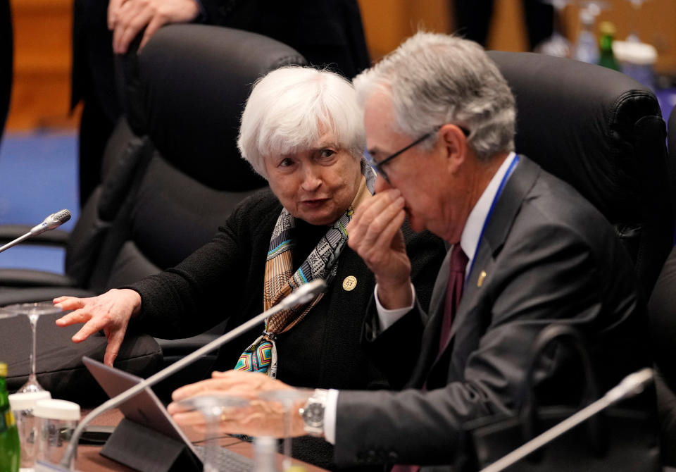 US Secretary of the Treasury Janet Yellen talks with  Chair of the Board of Governors of the US Federal Reserve System Jerome Powell before the start of the G7 Finance Ministers and Central Bank Governors' Meeting opening session at International Conference Room of Toki Messe in Niigata, northern Japan, 11 May 2023.    KIMIMASA MAYAMA/Pool via REUTERS