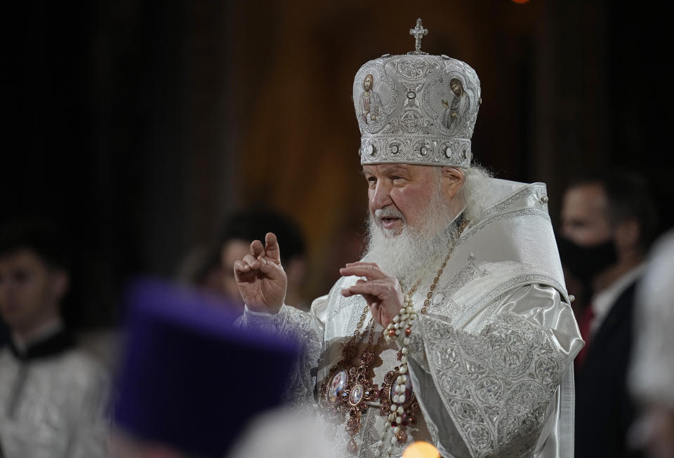 FILE - Russian Orthodox Church Patriarch Kirill conducts the Easter service in the Christ the Savior Cathedral in Moscow, Russia, April 24, 2022. Kirill has been removed from the latest round of European Union measures to punish Russia’s invasion of Ukraine at the insistence of Hungary, four EU diplomats told The Associated Press. The sixth package of sanctions, which includes an embargo on most Russian oil imports into the 27-nation bloc by year-end, was approved by ambassadors Thursday following a political deal reached earlier this week by heads of states and governments. (AP Photo/Alexander Zemlianichenko, Pool, File)