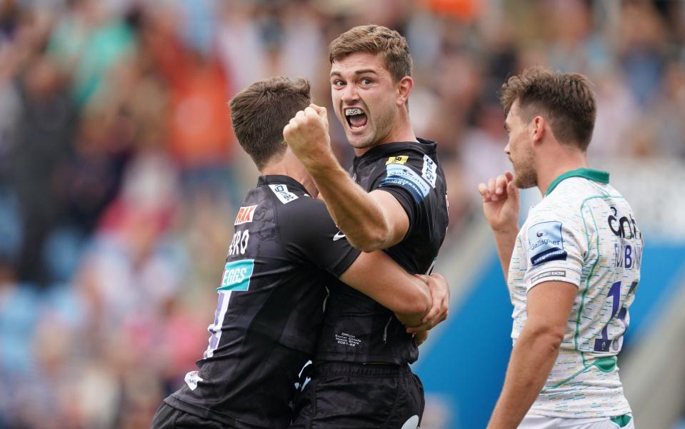 Exeter Chief's Jack Maunder celebrates scoring their second try during the Gallagher Premiership match at Sandy Park, Exeter. - PA