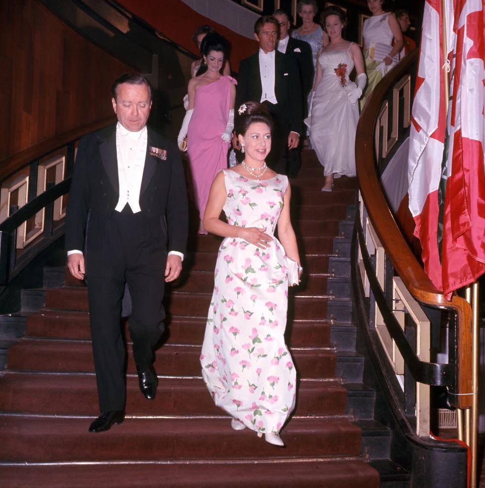 <p>Princess Margaret attends the 1967 Candadian's Woman's Club Ball at Grovesnor House Hotel wearing a floral gown.</p>