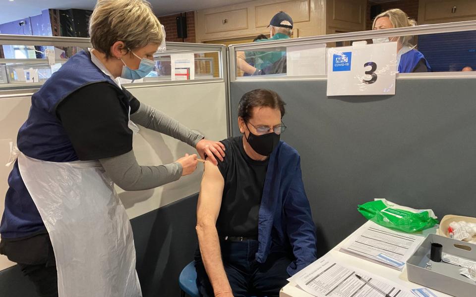 Shakin' Stevens getting the Oxford/AstraZeneca vaccine at Adams Park Stadium in High Wycombe, - PA