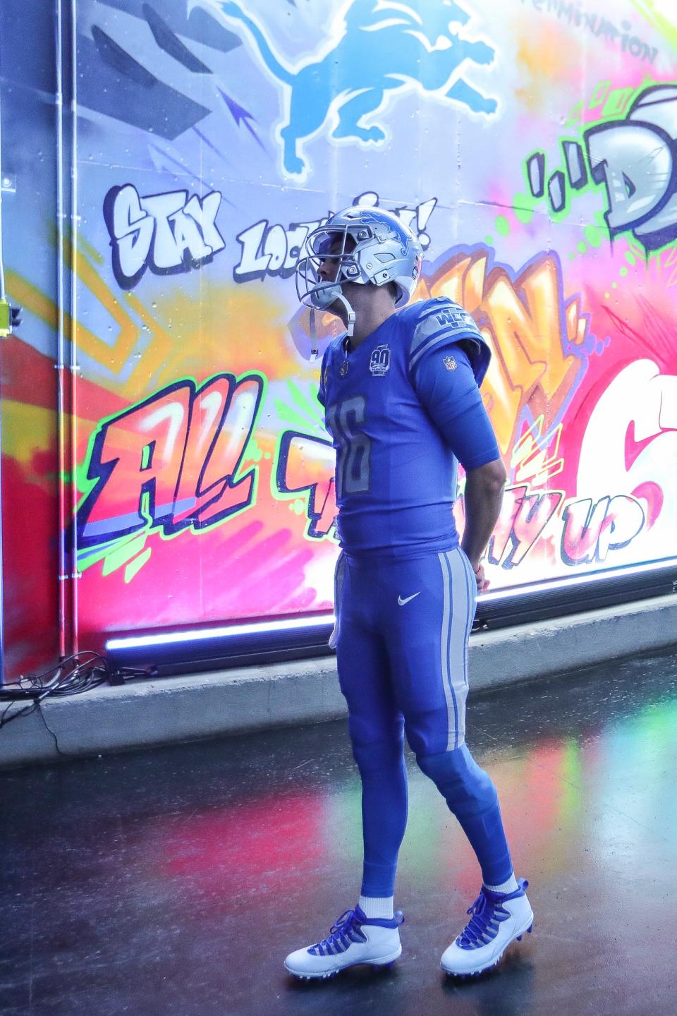 Detroit Lions quarterback Jared Goff waits to be introduced from the tunnel before the 24-23 win over the L.A. Rams in the NFC wild-card playoffs at Ford Field on Sunday, Jan, 14, 2024.