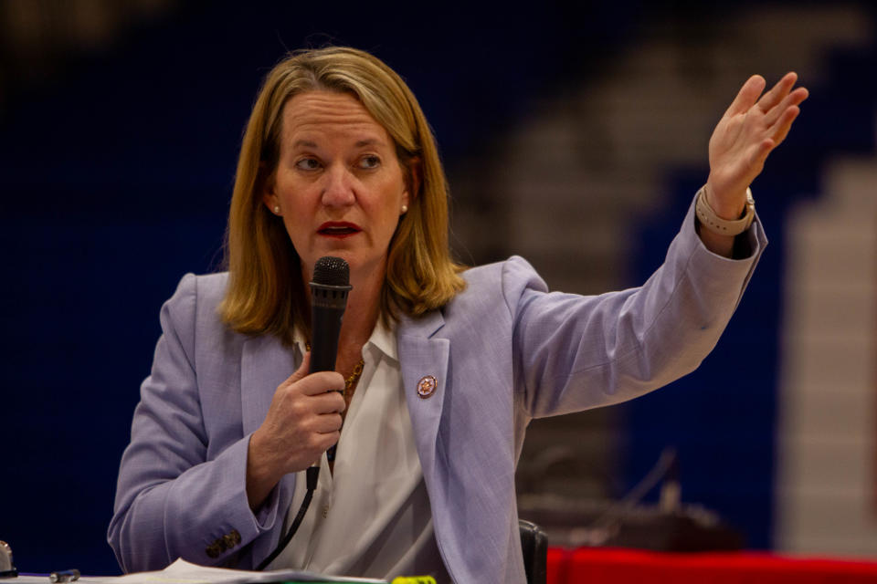 Kris Mayes, Arizona attorney general, speaks at a Kroger townhall meeting with Lina Khan, chairperson of the Federal Trade Commission, in Phoenix.