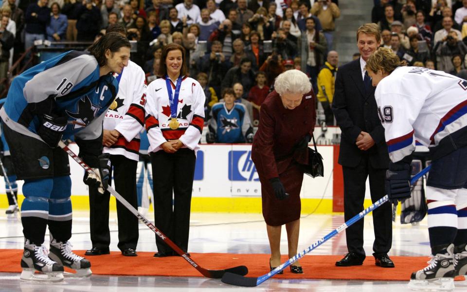 The late Queen made a ceremonial puck drop at a 2002 match