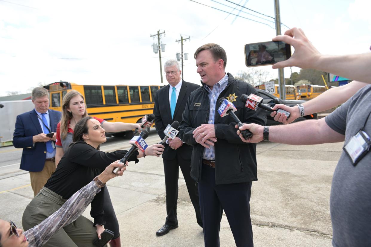 Greenville County Sheriff Hobart Lewis speaks to reporters outside Tanglewood Middle School.