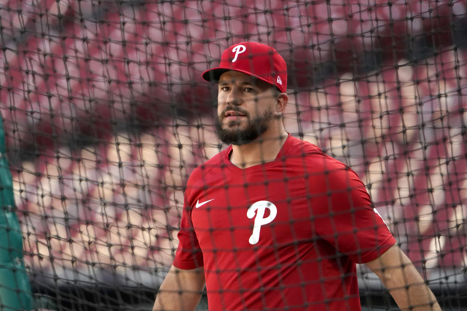 Philadelphia Phillies' Kyle Schwarber steps out of the batting cage during baseball practice Thursday, Oct. 6, 2022, in St. Louis. The Phillies and St. Louis Cardinals are set to play Game 1 of a National League Wild Card baseball playoff series on Friday in St. Louis. (AP Photo/Jeff Roberson)