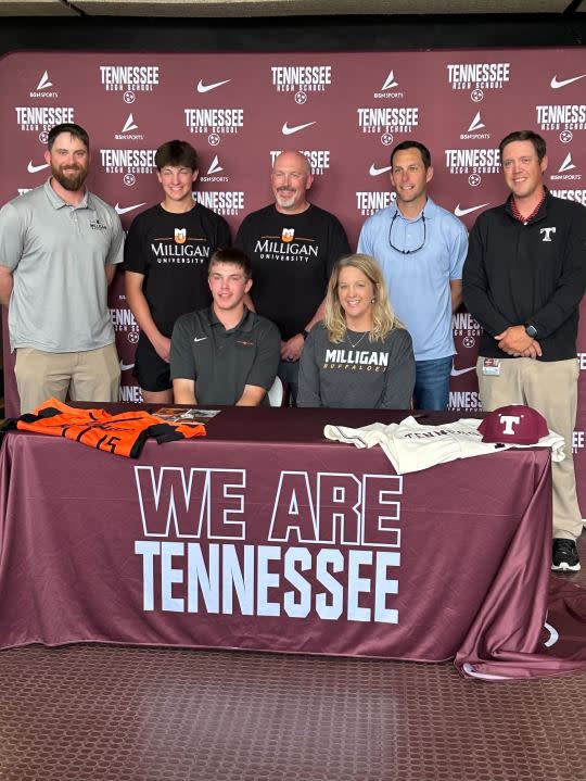 Photo: Cainan Meyers signs with Milligan University. (Courtesy of Tennessee High School)