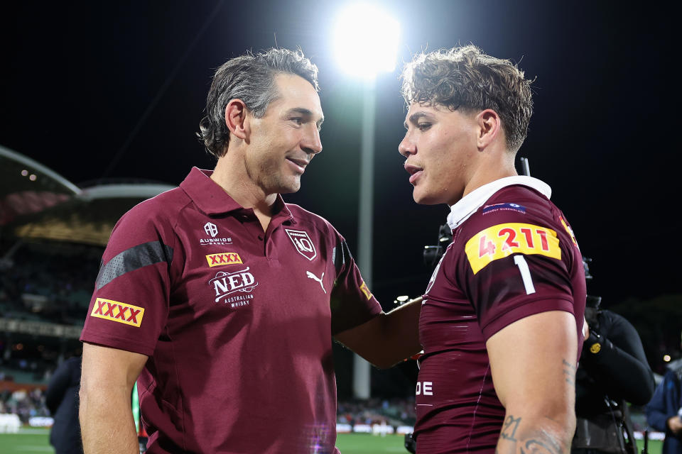 ADELAIDE, AUSTRALIA - MAY 31: Maroons coach Billy Slater and Reece Walsh of the Maroons celebrate winning game one of the 2023 State of Origin series between the Queensland Maroons and New South Wales Blues at Adelaide Oval on May 31, 2023 in Adelaide, Australia. (Photo by Cameron Spencer/Getty Images)