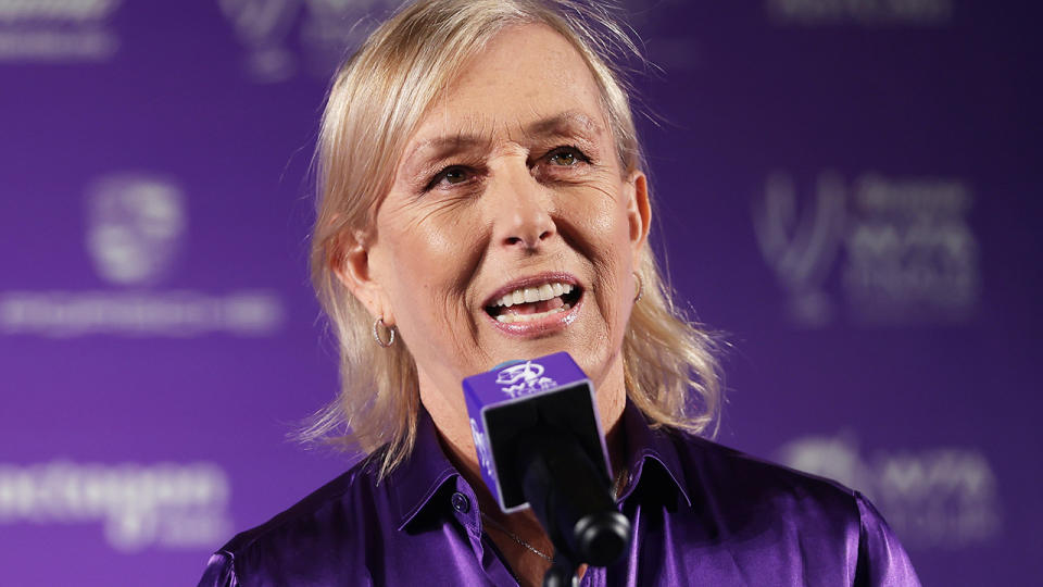 Martina Navratilova speaks at a press conference at the ATP Finals.