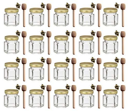 Adabocute Hexagon Glass Honey Jars With Wooden Dipper (Set of 20)
