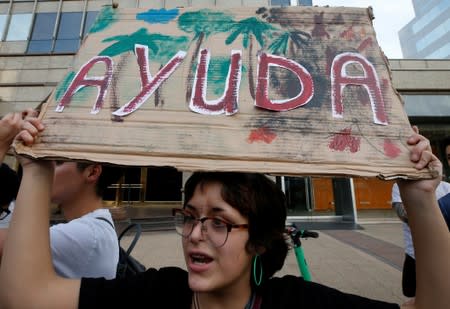 Demonstrators of environmental organizations take part in a rally in front of the embassy of Brazil in demand to more Amazon protection in Santiago