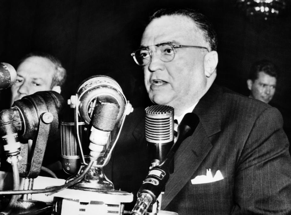 John Edgar Hoover, Director of the Federal Bureau of Investigation (FBI) of the United States, gives a speech during a testimony before the senate internal security committee, on November 17, 1953, in Washington. (BOB MULLIGAN/AFP/Getty Images)  <a href="http://www.fbi.gov/about-us/history/directors" target="_blank">Source: FBI</a>