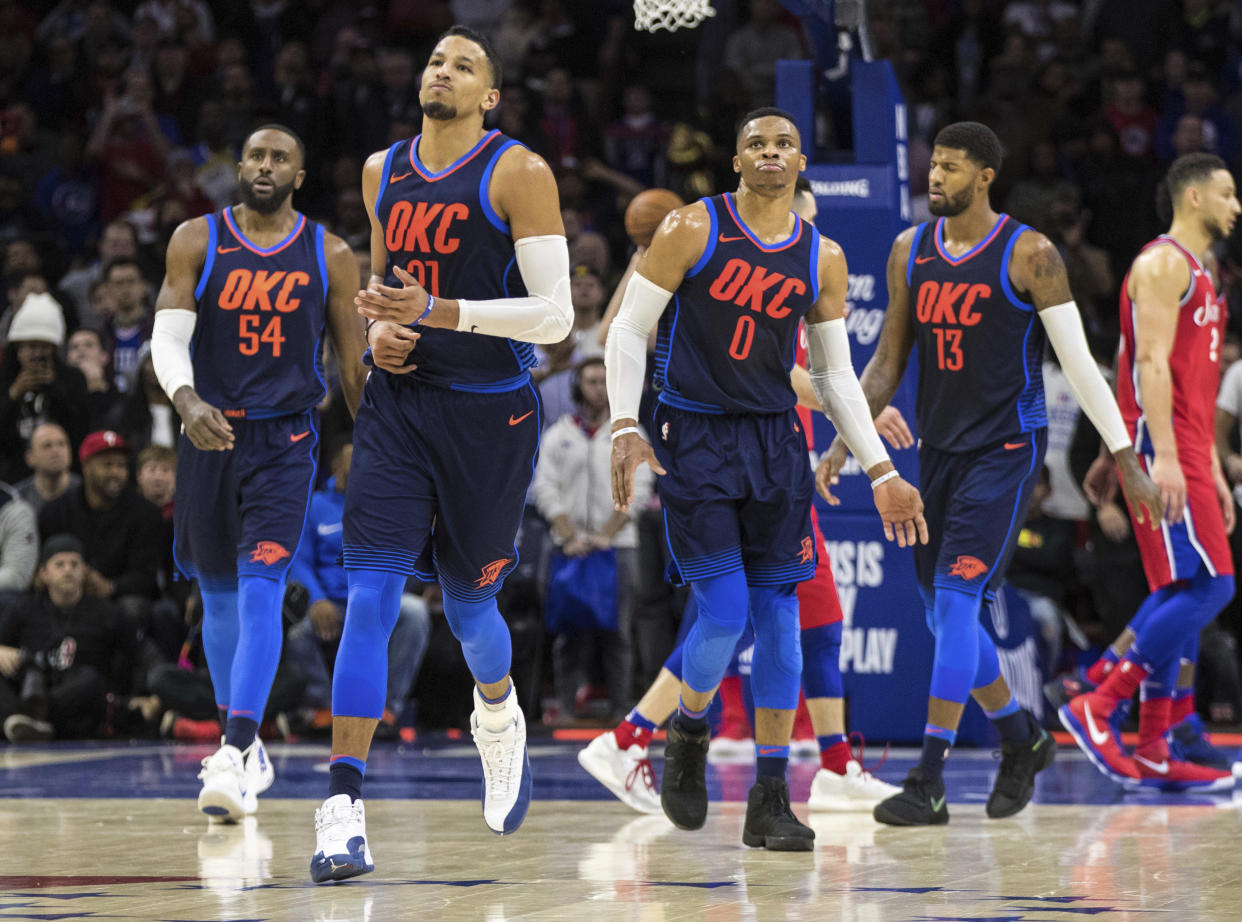 Oklahoma City Thunder’s Andre Roberson, center left, is one of the team’s top defensive players. (AP Photo/Chris Szagola)