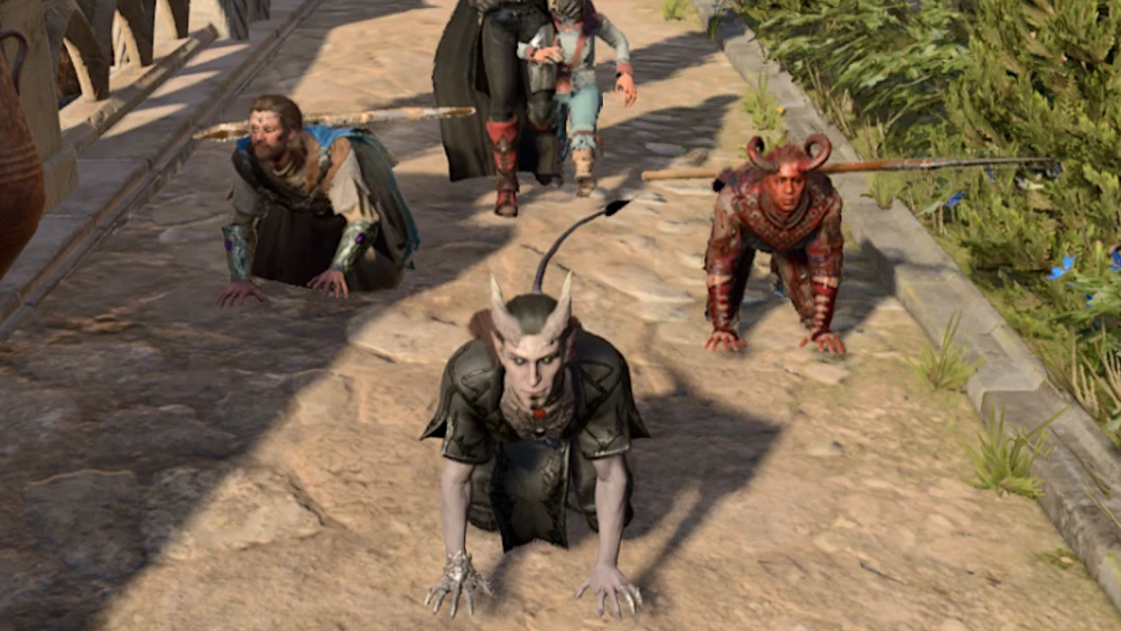  A trio of adventurers in Baldur's Gate 3 stand on all fours like a pack of wild dogs. 