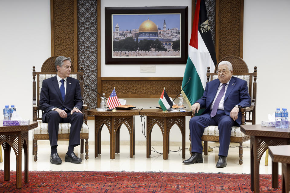 U.S. Secretary of State Antony Blinken meets with Palestinian President Mahmoud Abbas amid the ongoing conflict between Israel and the Palestinian Islamist group Hamas, at the Muqata in Ramallah in the Israeli-occupied West Bank, Sunday, Nov. 5, 2023. (Jonathan Ernst/Pool photo via AP)