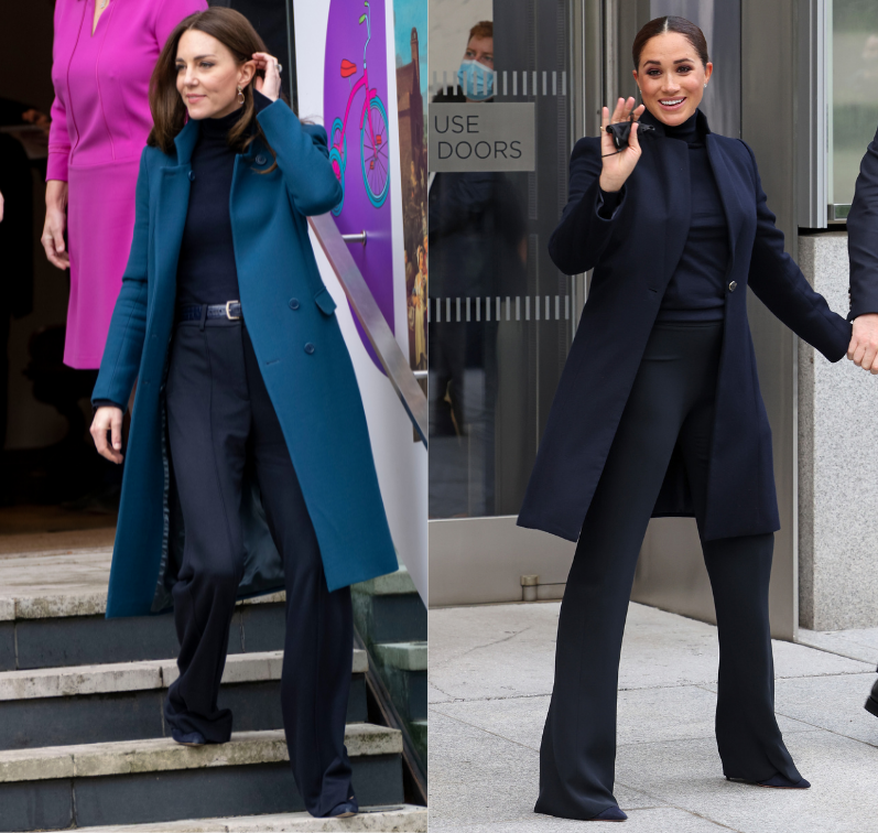 Kate Middleton wears a navy turtleneck and trousers under a teal coat on Jan. 19, 2022, while Meghan Markle wore a similar look in New York City on Sept. 23, 2021. Photos by Mark Cuthbert/UK Press via Getty Images, Taylor Hill/WireImage.