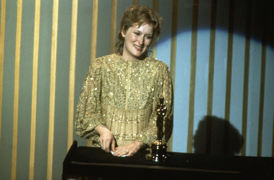 (Original Caption) 04/11/1983-Los Angeles, CA: Meryl Streep at Oscars; won Best Performance by Actress for 