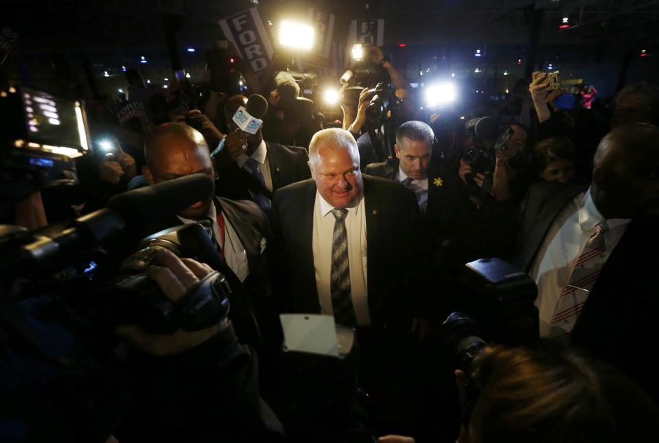 Toronto Mayor Rob Ford enters convention centre before addressing supporters during his campaign launch party in Toronto, April 17, 2014. Ford is seeking re-election in the Toronto municipal election, set for October 27, 2014.