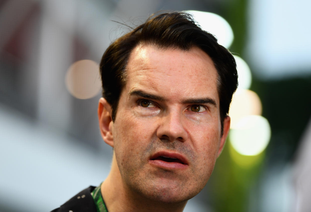 British comedian Jimmy Carr looks on in the Paddock before the Formula One Grand Prix of Singapore at Marina Bay Street Circuit on September 16, 2018 in Singapore.  (Photo by Clive Mason/Getty Images)