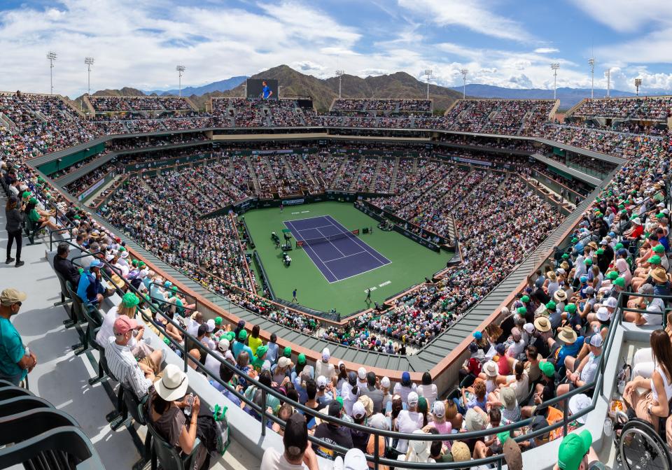 A panoramic view of a packed Stadium 1 during the BNP Paribas Open men's finals match between Carlos Alcaraz and Daniil Medvedev at the Indian Wells Tennis Garden in Indian Wells, CA, on March 17, 2024.