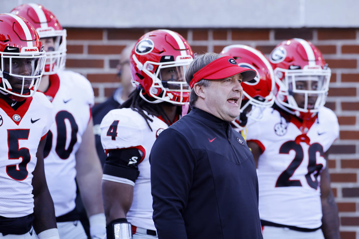 ATLANTA, GA - NOVEMBER 27: Georgia Bulldogs head coach Kirby Smart prepares to lead his team to the field before a college football game against the Georgia Tech Yellow Jackets on Nov. 27, 2021 at Bobby Dodd Stadium at Historic Grant Field in Atlanta, Georgia. (Photo by Joe Robbins/Icon Sportswire via Getty Images)