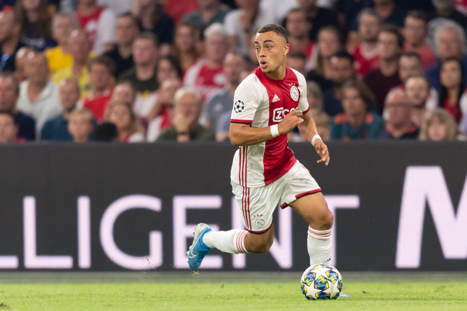 AMSTERDAM, NETHERLANDS - AUGUST 28: Sergino Dest of Ajax Amsterdam controls the ball during the UEFA Champions League Play Off match between Apoel Nicosia and Ajax at Johan Cruyff Arena on August 28, 2019 in Amsterdam, Netherlands. (Photo by TF-Images/Getty Images)