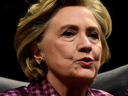 Former U.S. Secretary of State, Hillary Clinton speaks during an interview with Mariella Frostrup at the Cheltenham Literature Festival in Cheltenham, Britain October 15, 2017. REUTERS/Rebecca Naden