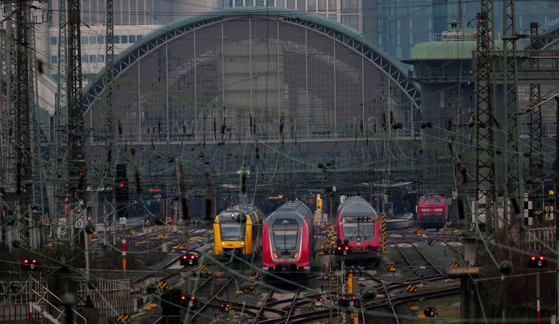 Deutsche Bahn trains operate outside Frankfurt central station at the start of a strike by train drivers’ union GDL