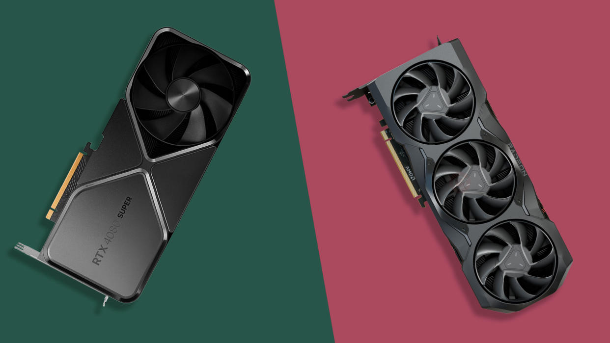  An RTX 4080 Super vs RX 7900 XTX against a two tone background. 