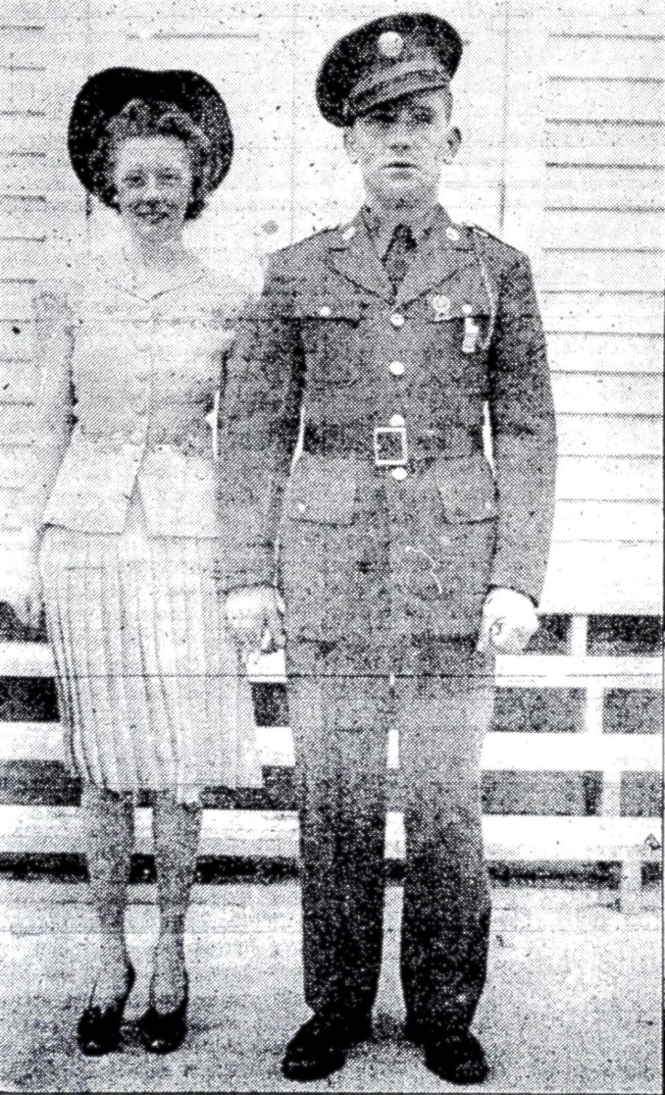 Sergeant and Mrs. Benson Miner as they left the chapel at Camp Pendleton, Va., after their wedding on Feb. 12, 1942.