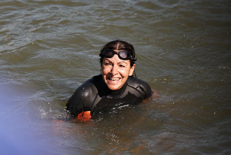 Mayor of Paris Anne Hidalgo swims in the Seine River less than 10 days before the opening of the Paris 2024 Olympic Games in Paris, France, July 17, 2024. (Photo by Gao Jing/Xinhua via Getty Images)