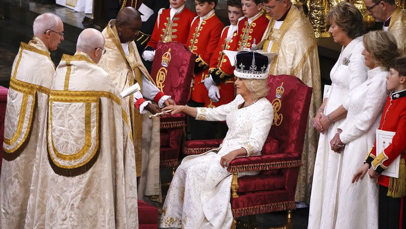 Queen Camilla wears Queen Mary’s Crown during her coronation ceremony at the Westminster Abbey in London, Saturday May 6, 2023. 