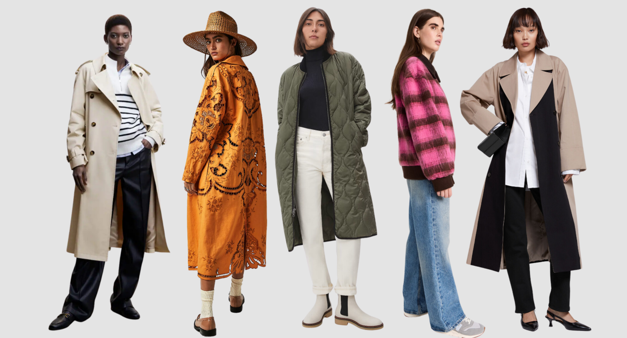 five models wearing women's spring jackets 2023, 18 best women's spring jackets in 2023 under $500 in Canada (photos via Mango, Free People, Everlane, Shopbop, & Other Stories)