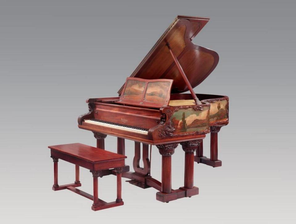 Piano, American Art Piano, 1904. For the 1904 St. Louis Louisiana Purchase Exposition Joseph Henry Gest (American, 1859–1935), painter Clement J. Barnhorn (American, 1857–1935), sculptor Baldwin Piano Company, Cincinnati, Ohio, manufacturer Mahogany, paint, metal, ivory. The Mitchell Wolfson, Jr. Collection at Wolfsonian-FIU. Photo courtesy of Wolfsonian-FIU