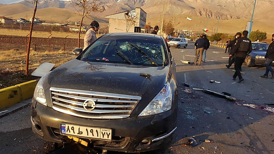 Image: The damaged car of Iranian nuclear scientist Mohsen Fakhrizadeh after it was attacked near the capital Tehran (IRIB / AFP - Getty Images)