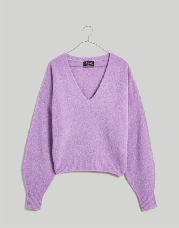 <p>Madewell x Aimee Song Brushed V-Neck Sweater, $198, <a href="https://rstyle.me/+dPMWOY8te-BU-Xy3nrDjbg" rel="nofollow noopener" target="_blank" data-ylk="slk:available here;elm:context_link;itc:0;sec:content-canvas" class="link ">available here</a> (sizes XXS-XXL)</p>