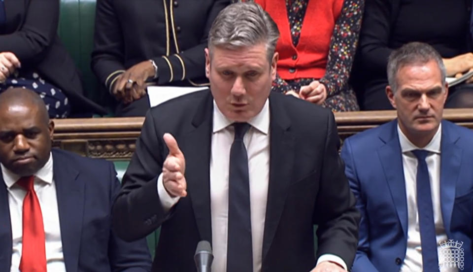 Labour leader Keir Starmer responds to Prime Minister Rishi Sunak following his statement in the House of Commons, London, following the announcement that European Commission president Ursula von der Leyen and Prime Minister Rishi Sunak have struck a deal over the Northern Ireland Protocol. Picture date: Monday February 27, 2023. (Photo by House of Commons/PA Images via Getty Images)