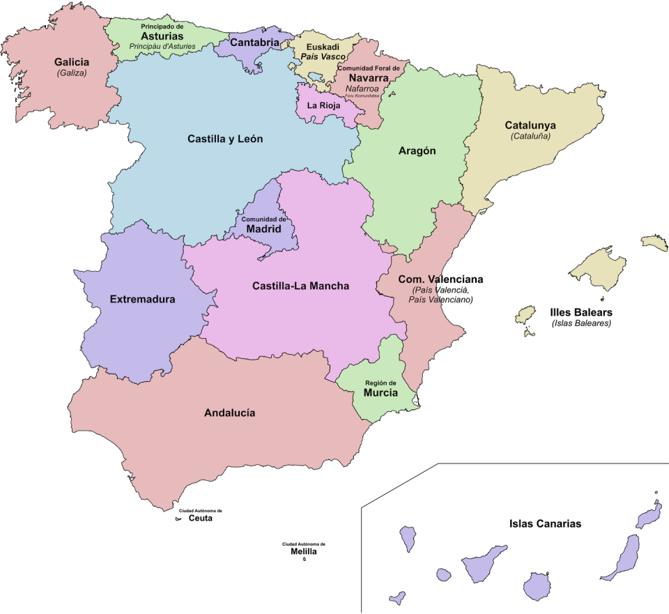 Comunidades autónomas y ciudades autónomas de España. <a href="https://commons.wikimedia.org/wiki/File:Autonomous_communities_of_Spain.svg" rel="nofollow noopener" target="_blank" data-ylk="slk:Wikimedia Commons / Martorell;elm:context_link;itc:0;sec:content-canvas" class="link ">Wikimedia Commons / Martorell</a>, <a href="http://creativecommons.org/licenses/by-sa/4.0/" rel="nofollow noopener" target="_blank" data-ylk="slk:CC BY-SA;elm:context_link;itc:0;sec:content-canvas" class="link ">CC BY-SA</a>