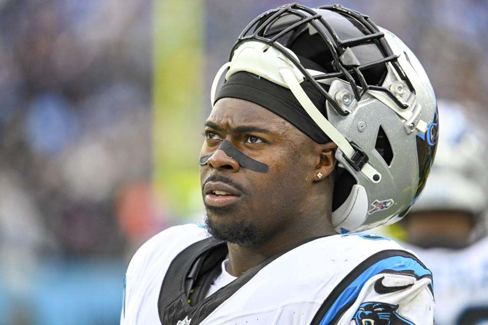 FILE - Carolina Panthers defensive tackle DeShawn Williams (96) looks on during an NFL football game against the Tennessee Titans, Sunday, Nov. 26, 2023, in Nashville, Tenn. The Buffalo Bills replenished their needs along the defensive line by signing tackles Austin Johnson and DeShawn Williams to one-year contracts on Thursday, March 28, 2024. (AP Photo/(John Amis, File)