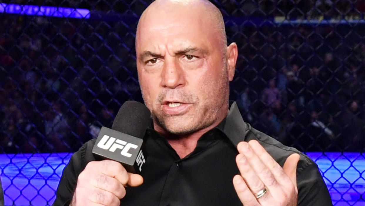 Joe Rogan, pictured during a UFC broadcast in January 2020, says he will not commentate UFC events in the near future.