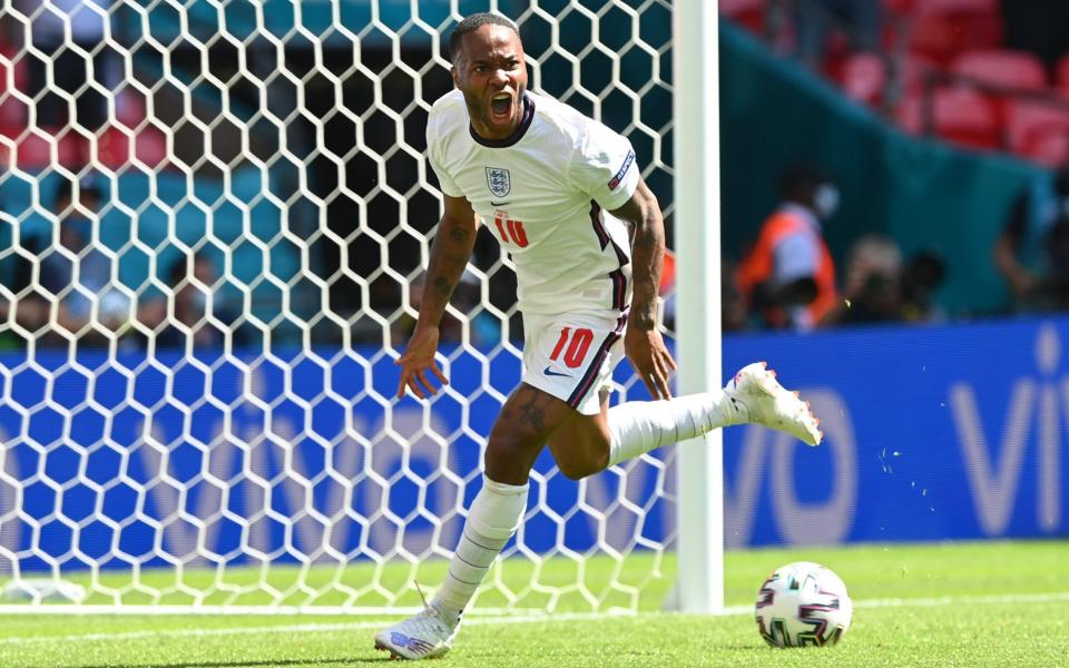 Raheem Sterling of England celebrates after scoring their side's first goal during the UEFA Euro 2020 Championship Group D match between England and Croatia at Wembley Stadium on June 13, 2021 in London, England - Shaun Botterill - UEFA 