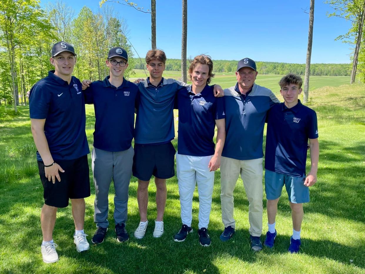 The Sault High boys golf team, includes from left to right: Carson Kronemeyer, Easton Fitzner, Reilly Cox, Odin Medrick, coach Doug Harkema and Jackson Gervasio.