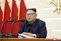 In this undated photo provided Saturday, Feb. 29, 2020, by the North Korean government, North Korean leader Kim Jong Un attends a ruling party meeting in North Korea. North Korean leader Kim has called for stronger anti-virus efforts to guard against COVID-19, saying there will be “serious consequences” if the illness spreads to the country. Independent journalists were not given access to cover the event depicted in this image distributed by the North Korean government. The content of this image is as provided and cannot be independently verified. Korean language watermark on image as provided by source reads: "KCNA" which is the abbreviation for Korean Central News Agency. (Korean Central News Agency/Korea News Service via AP)